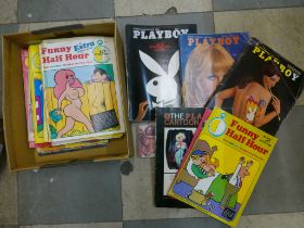 Three Playboy magazines, 2 x 1968 and one 1974, Funny Half House publications, other adult humour