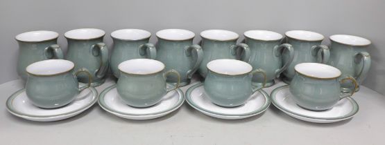 A collection of Denby teawares; four coffee cups and saucers and a set of eight mugs