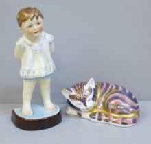 A Royal Crown Derby cat paperweight and a Royal Worcester 'Tommy' figure