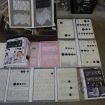 A large collection of Button Sales sample cards in folders, also albums of Lace Sales sample