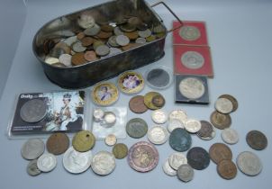 A collection of coins, commemorative and others, (replica cartwheel penny)