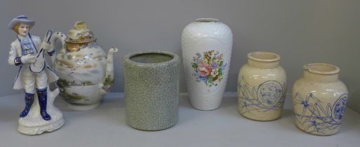 Six items of pottery and porcelain including a Chinese celadon pot, vases and a tea pot
