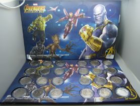 Two Marvel Avengers Infinity War Advent Calendars, one already opened, each with 24 collectible