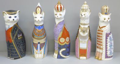 Five Royal Crown Derby Royal Cats paperweights, all second quality