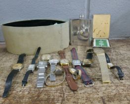 A collection of wristwatches, hip flask, card case and a boxed Wahid & Co. hat