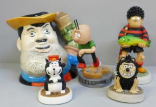 Four Robert Harrop The Beano, Dandy collection figures, Dennis The Menace Fishing, Gnasher, Billy