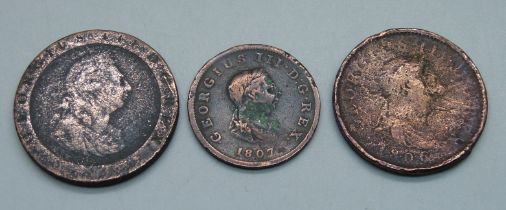 A George III cartwheel penny, two penny, 1806 and farthing, 1807