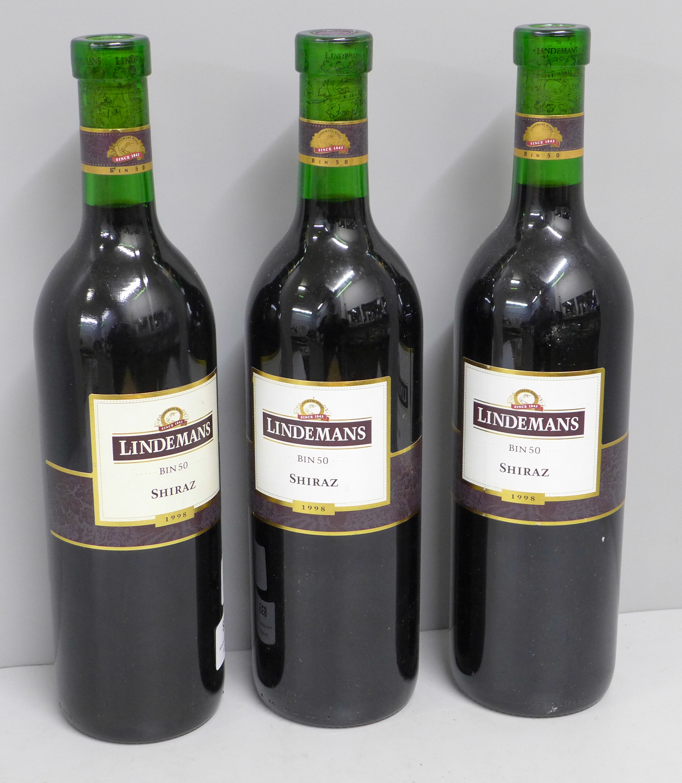 Thre bottles of Lindemans 1998 Shiraz wine