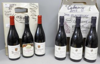 Six bottles of wine; Bourgogne Pinot Noir 2005 x2, Volnay-Brouillards Domaine Glantenay 2005 x3