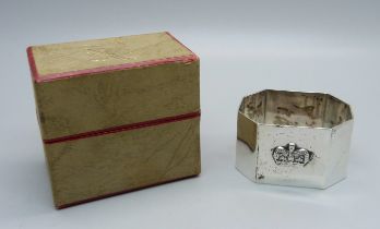 An Elizabeth II 1952 commemorative silver napkin ring with crown detail, Birmingham 1952, Adie