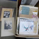 A large box of assorted paper ephemera, photographs, folder of reproduction prints, etc.