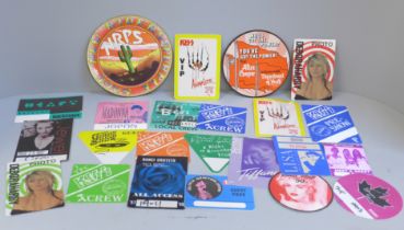 Pop music back stage passes, tickets, etc. (23) including Kiss, Madonna, Debbie Harry, Alice Cooper,