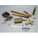 Assorted vintage items including cheroot holders, brass vesta/stamp holder, rosary, an American