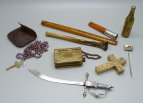 Assorted vintage items including cheroot holders, brass vesta/stamp holder, rosary, an American