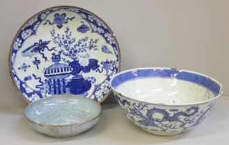 A Chinese bowl with four character mark to base, a Chinese blue and white dish with six character