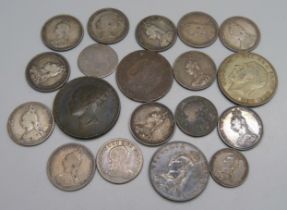 Thirteen Victorian silver coins, 74g, a William III silver coin and a George III silver coin, a 1921