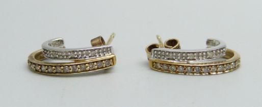 A pair of 9ct two-colour gold and diamond cuff style earrings, hallmarked on posts, 2.2g