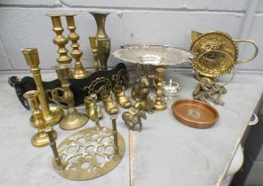 A box of metalwares including brass candlesticks, silver plate, etc. **PLEASE NOTE THIS LOT IS NOT