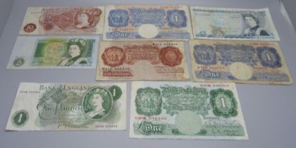 A collection of eight British bank notes including ten shillings, one pound and five pounds
