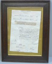 A framed copy of a House of Commons letter concerning a Question to the House regarding the number
