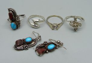 A silver stone set ring, Q, and matching earrings set and three silver rings, M, N and Q