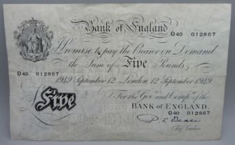 A Bank of England white Five Pounds note, 040 012867, Beale Chief Cashier