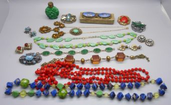 A collection of vintage costume jewellery including Czech and a malachite glass scent bottle