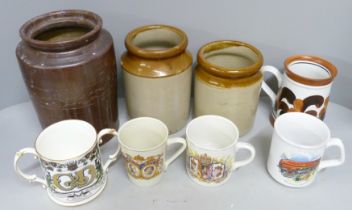 Three earthenware jars, a Denby mug and other china including King George V commemorative, etc. **