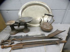 A box of metalwares including a copper kettle, scales, fire irons, a tray, etc. **PLEASE NOTE THIS