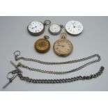 A silver pocket watch, the dial marked Kendal & Dent, a silver fob watch, two other pocket