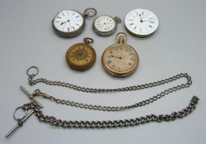 A silver pocket watch, the dial marked Kendal & Dent, a silver fob watch, two other pocket