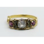 An antique yellow metal, multi-gem ring with engraved shank, 1.8g, Q, a/f, repaired