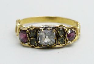 An antique yellow metal, multi-gem ring with engraved shank, 1.8g, Q, a/f, repaired