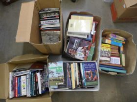 Five boxes of books, mainly cricket and rugby related, Harry Potter, etc. **PLEASE NOTE THIS LOT