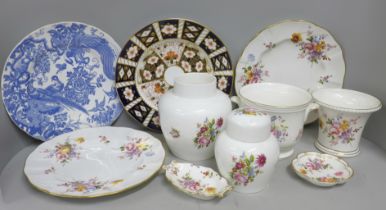 Royal Crown Derby and Coalport china; four plates, two dishes, two ginger jars, a pot and vase