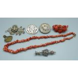 A Victorian silver brooch, a coral brooch and necklace, two other c1900 brooches, etc.