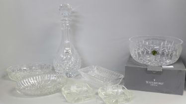 A set of six Thomas Webb crystal wine flutes, a lead crystal decanter, a Waterford crystal bowl,
