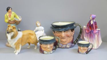 A Falcon ware figure, The Breton Girl, two Royal Doulton figures including Sweet Anne, a Beswick