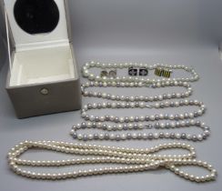 Two white and grey pearl necklaces, two other necklaces and three pairs of cufflinks