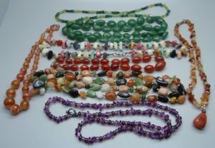 Eight necklaces, hardstone and natural stone
