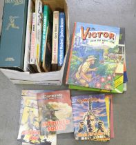 A box of Cricket books, The Bradman Albums and others, Commando Magazines and other annuals **PLEASE