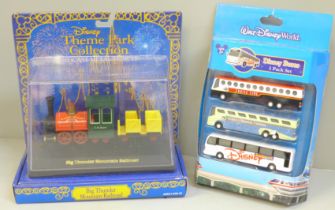 Two Disney World boxed die-cast toy sets; Big Thunder Mountain Railroad and a Disney Buses 3 Pack