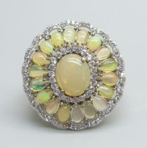 A large silver gilt, Ethiopian opal and zircon cocktail ring, top 24 x 26mm, size V