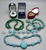 A collection of turquoise and malachite jewellery and three silver rings