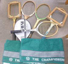 Two Wimbledon Tennis Tournament towels, 1988 and 1989, (used on court) and five vintage tennis