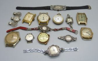 A collection of wristwatches, Art Deco, cocktail including silver and a Marvin clip brooch watch,