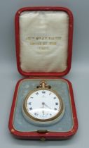 An Omega top-wind gold-plated pocket watch, with fitted box, underside of case bears sticker