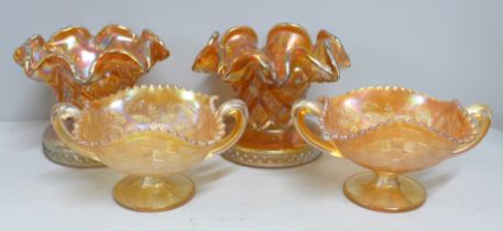 Four carnival glass bowls