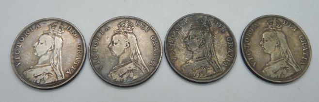 Four Victorian 1890 double florin coins, 89.1g