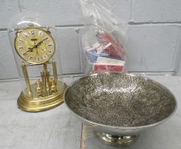 A collection of plated collectors spoons, a Kundo anniversary clock and an Indian metal bowl **